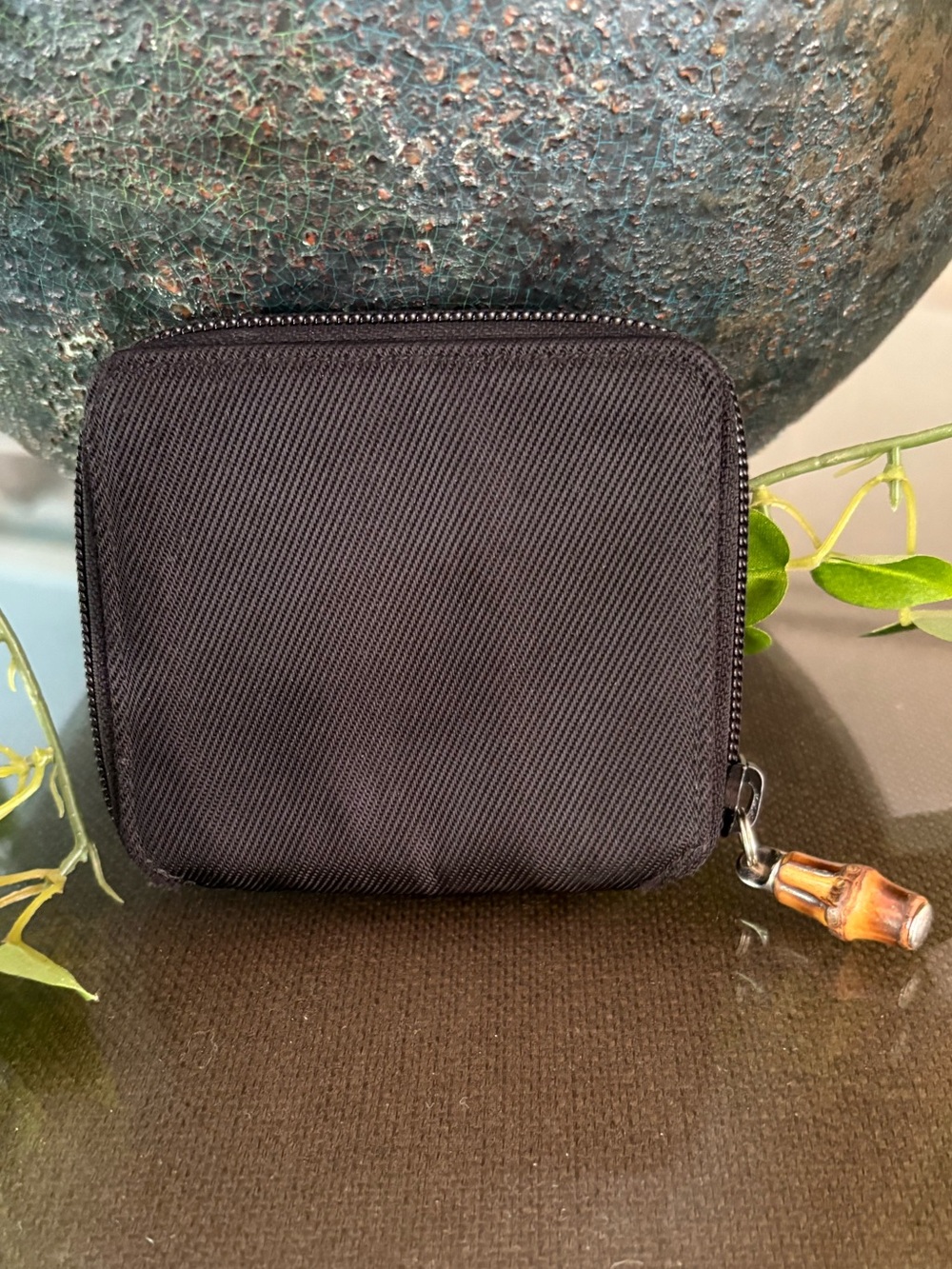 Gucci Black Zip-Around Card & Key Holder Wallet with Bamboo Zip Pull